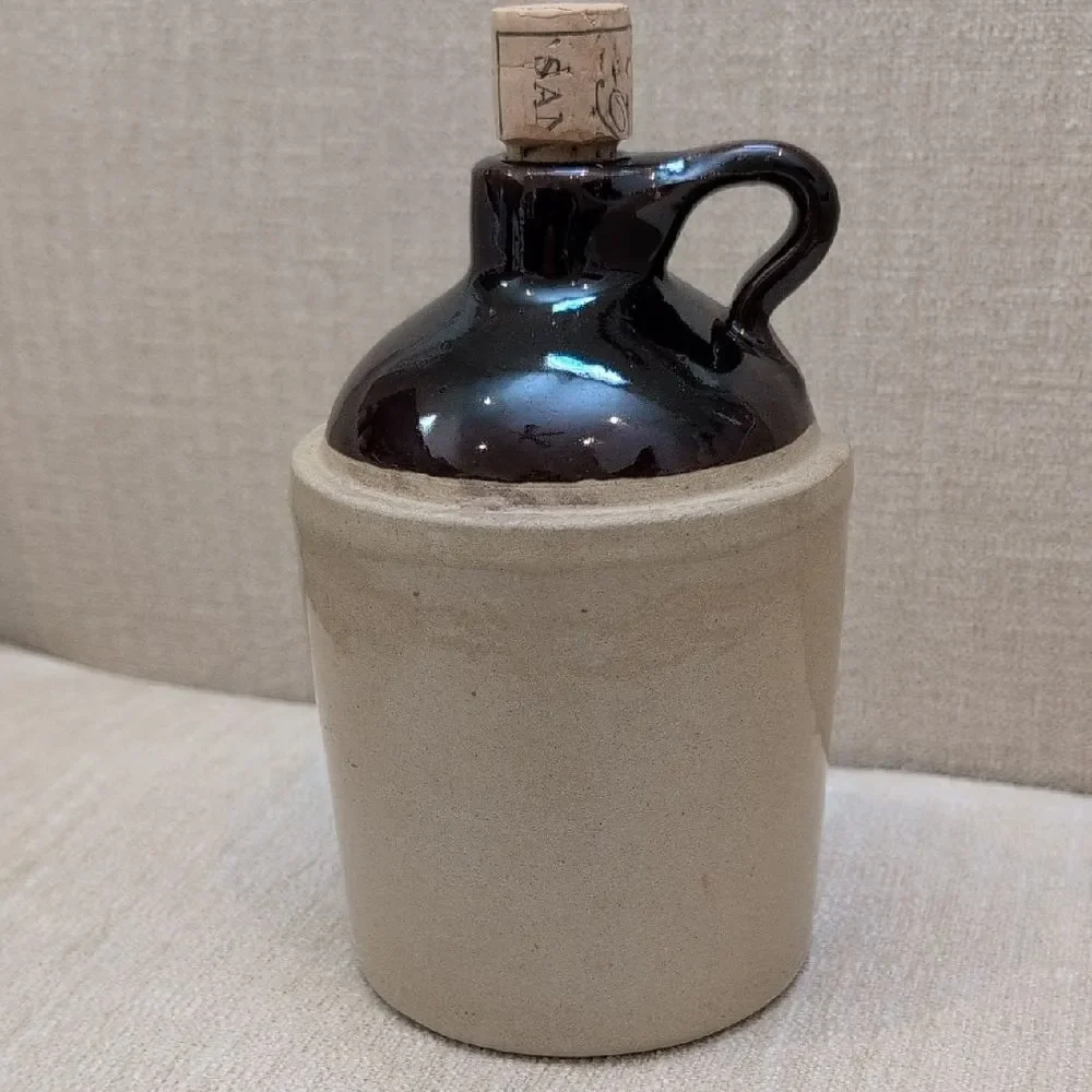 Vintage Pottery Whiskey Crock Stoneware Jug with Handle and Cork Made In USA